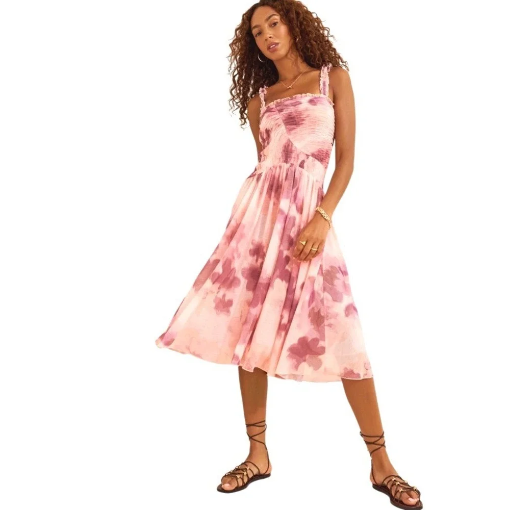 Free People‎ Tessa Smocked Midi Dress Soft Combo Floral Print Ruffle NWOT M